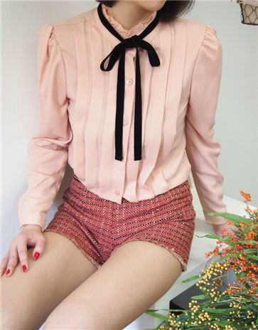 Pleated Blouse With Ribbon Tie
